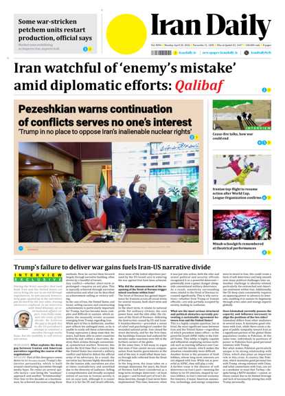 Front pages of Iran's English dailies on April 20