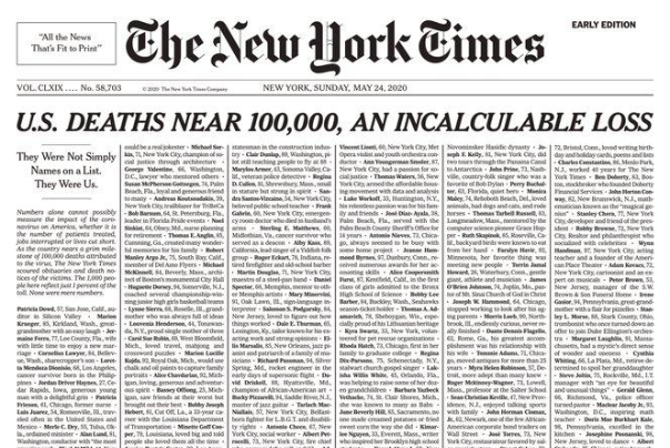 صفحه یک معنادار نیویورک تایمز در واکنش به تلفات کرونا در آمریکا