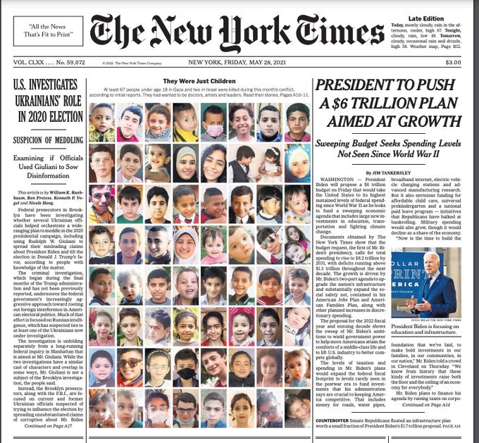 انتشار تصاویر کودکان شهید فلسطینی در صفحه اول نیویورک‌تایمز