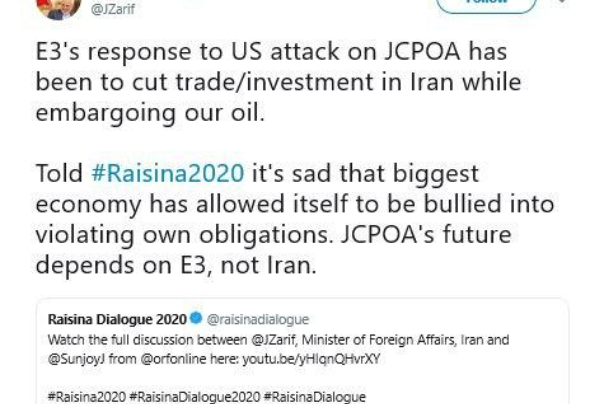 توئیت ظریف: آینده برجام به سه کشور اروپایی بستگی خواهد داشت نه ایران
