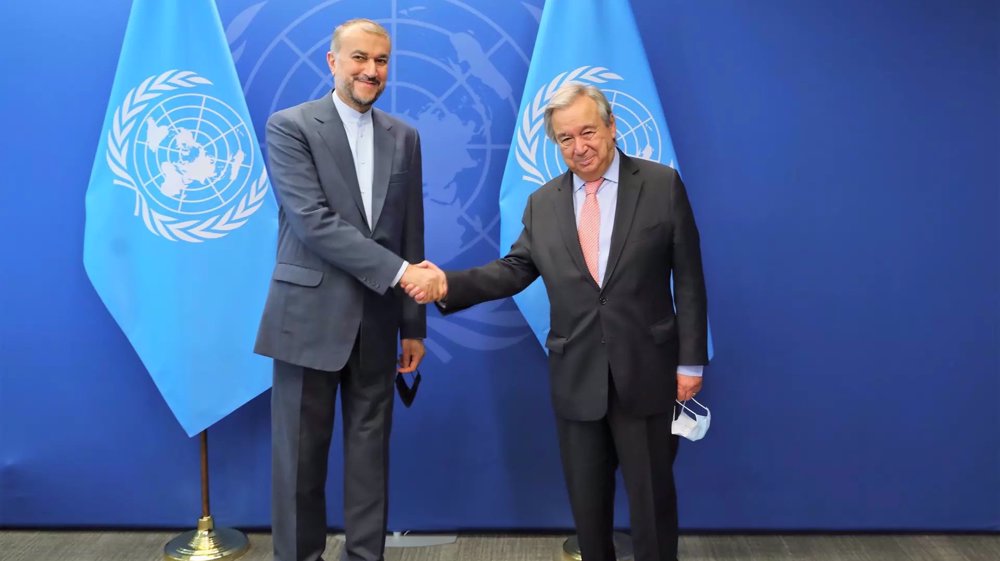 Meeting with UN chief, FM reiterates Iran's support for Palestine in face of Israel's 'bestial crimes'