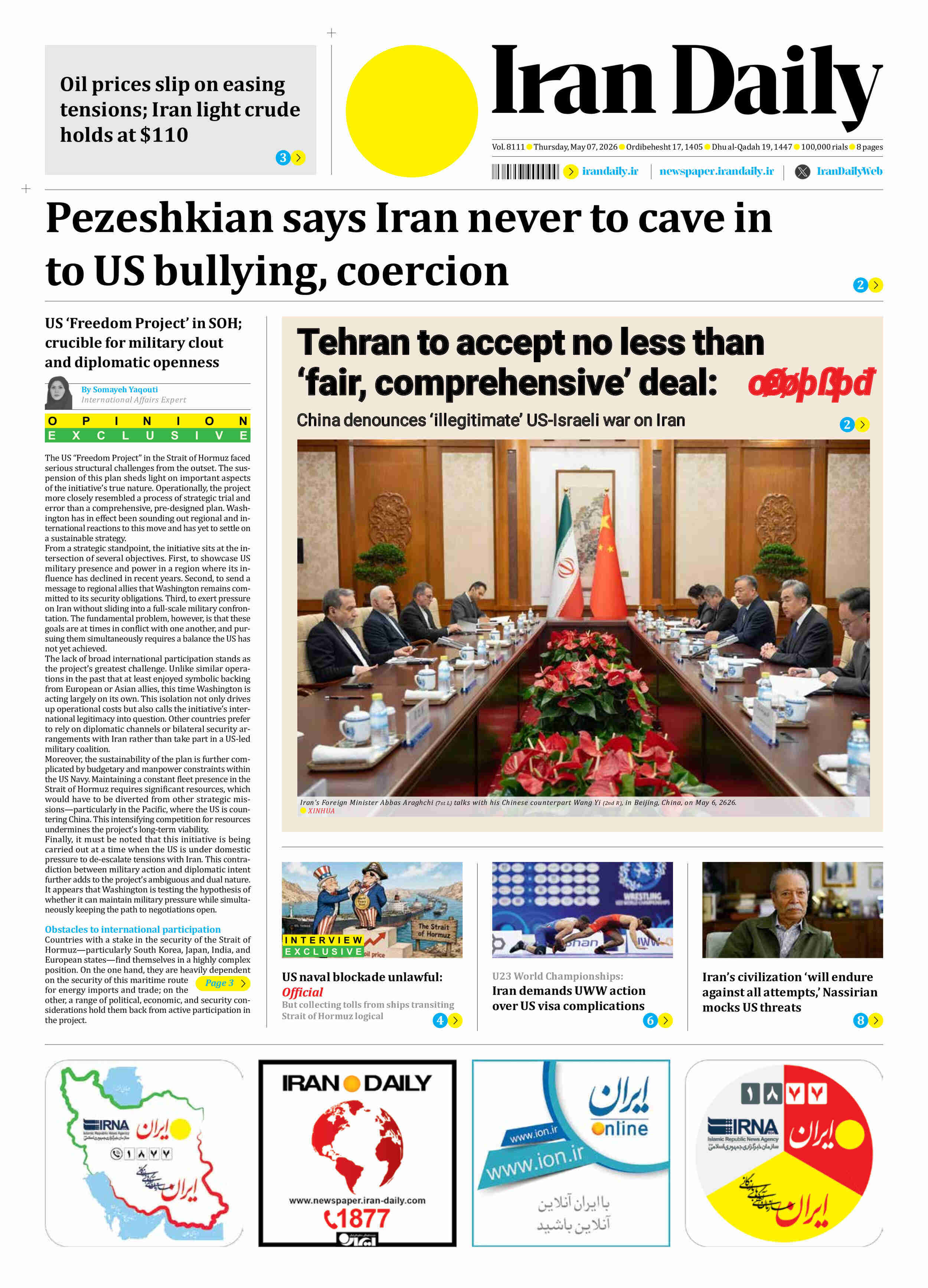 Front pages of Iran's English dailies on May 7