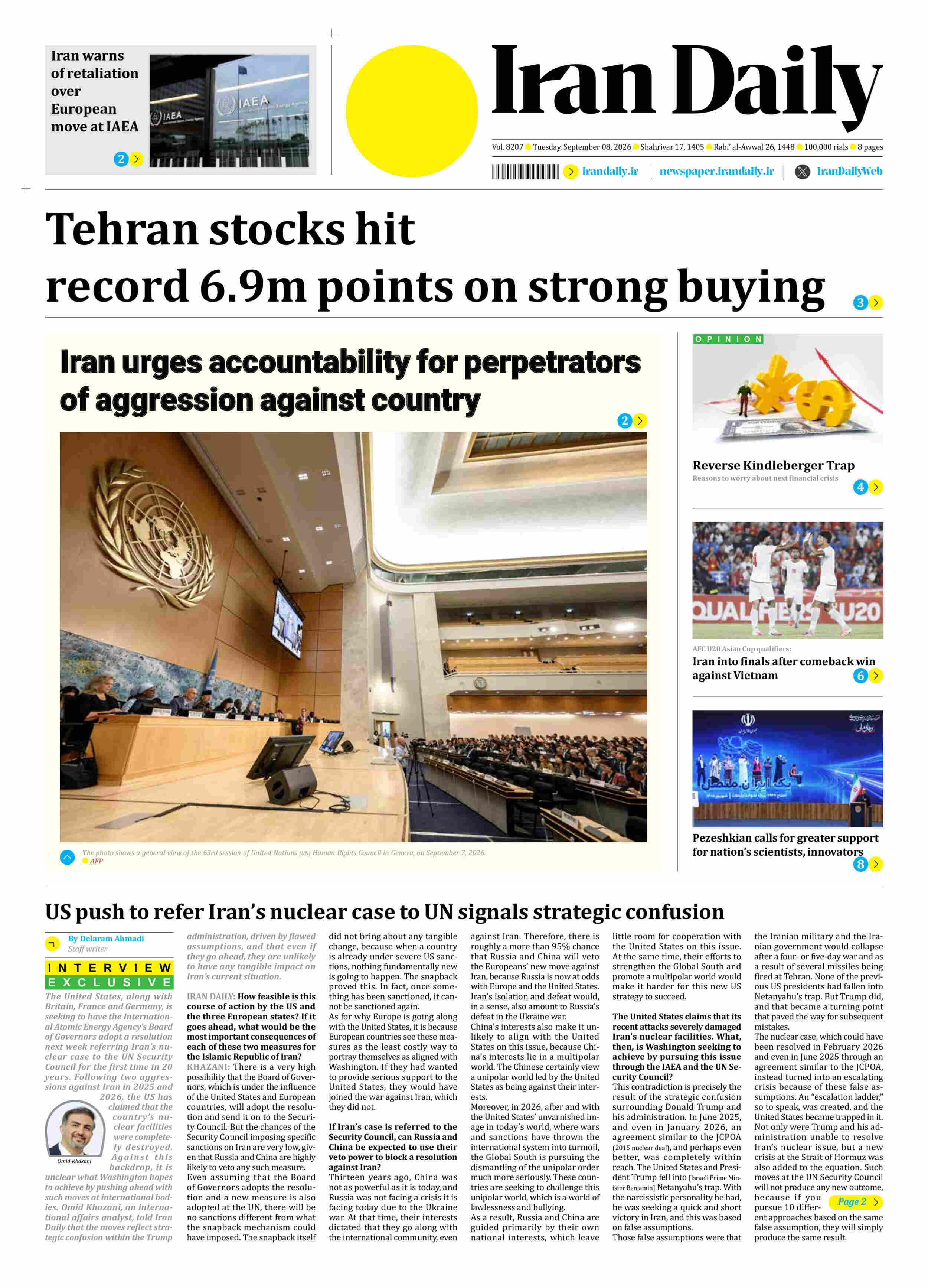 Front pages of Iran's English dailies on September 8