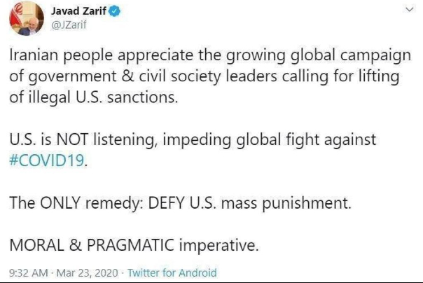 ظریف: آمریکا مانعی در مسیر مبارزه با کروناست