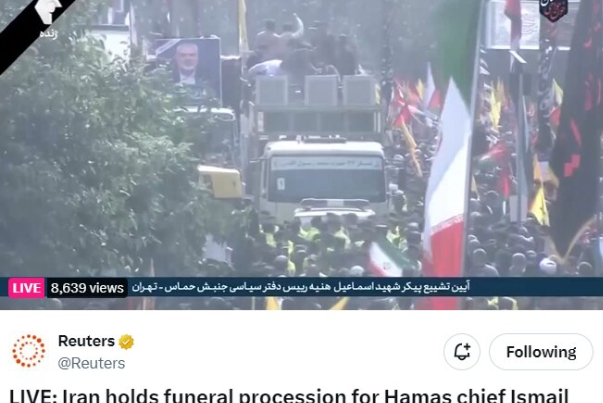 بازتاب تشییع پیکر شهید «اسماعیل هنیه» در «رویترز»