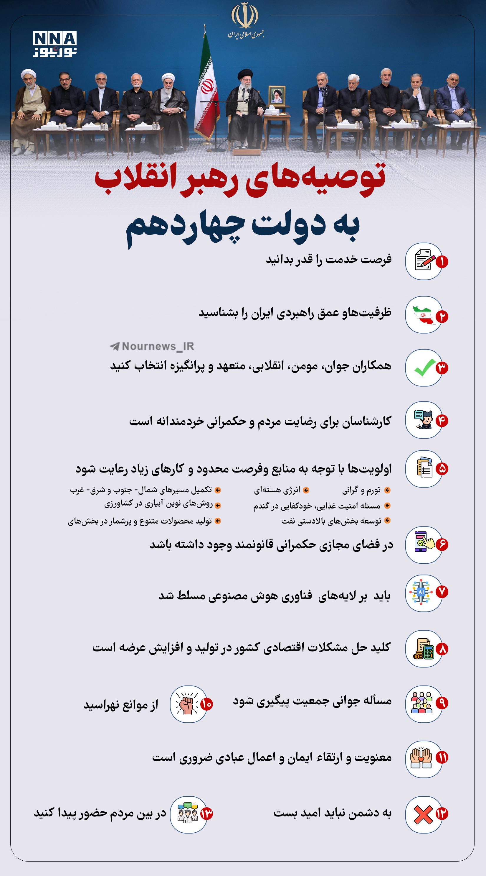 نوراینفو | توصیه‌های رهبر انقلاب به دولت چهاردهم