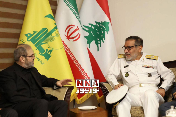 Meaningful presence of Rear Admiral Shamkhani in military uniform at Hezbollah office in Tehran