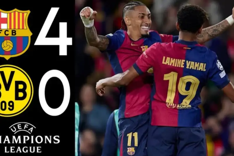 خلاصه بازی بارسلونا 4-0 دورتموند (لیگ قهرمانان اروپا - 25-2024)+فیلم