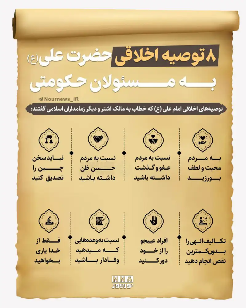 نوراینفو | 8 توصیه اخلاقی حضرت علی(ع) به مسئولان حکومتی