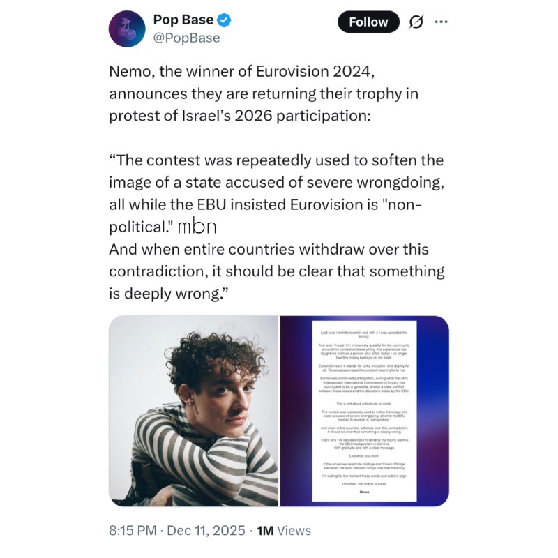اعتراض برنده یوروویژن به حضور اسرائیل در مسابقات 2026