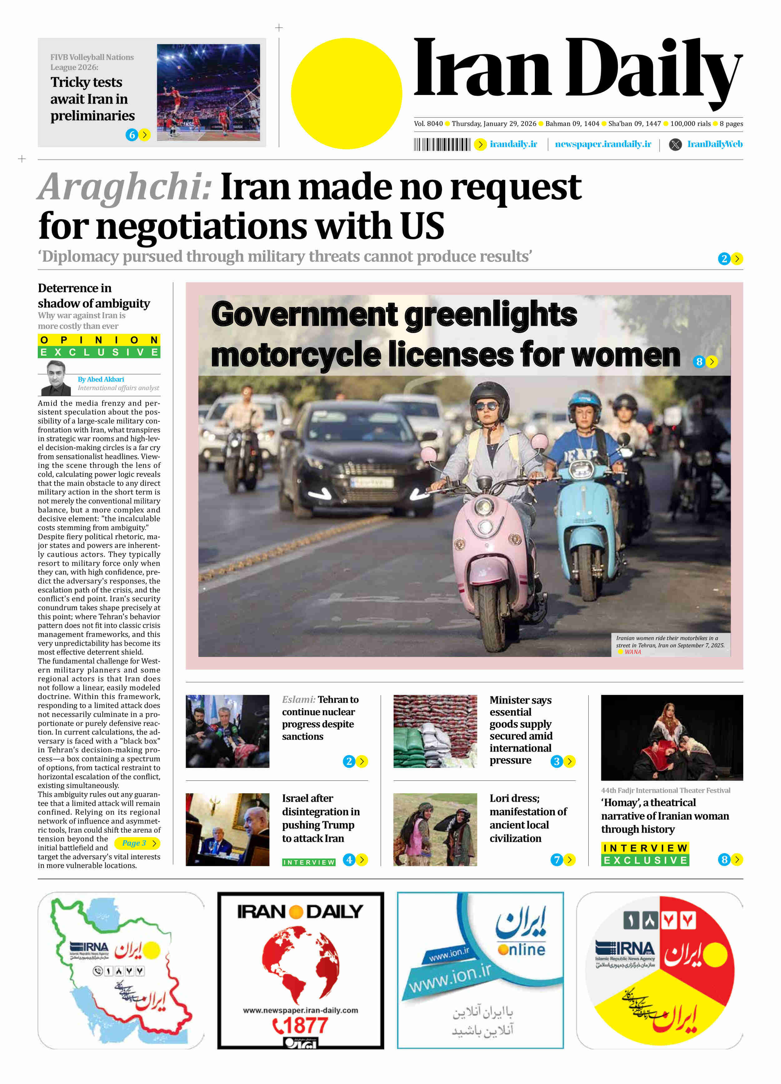 Front pages of Iran's English dailies on January 29