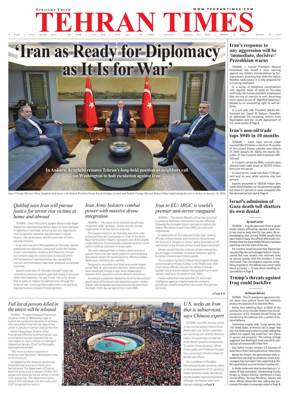 Front pages of Iran's English dailies on January 31