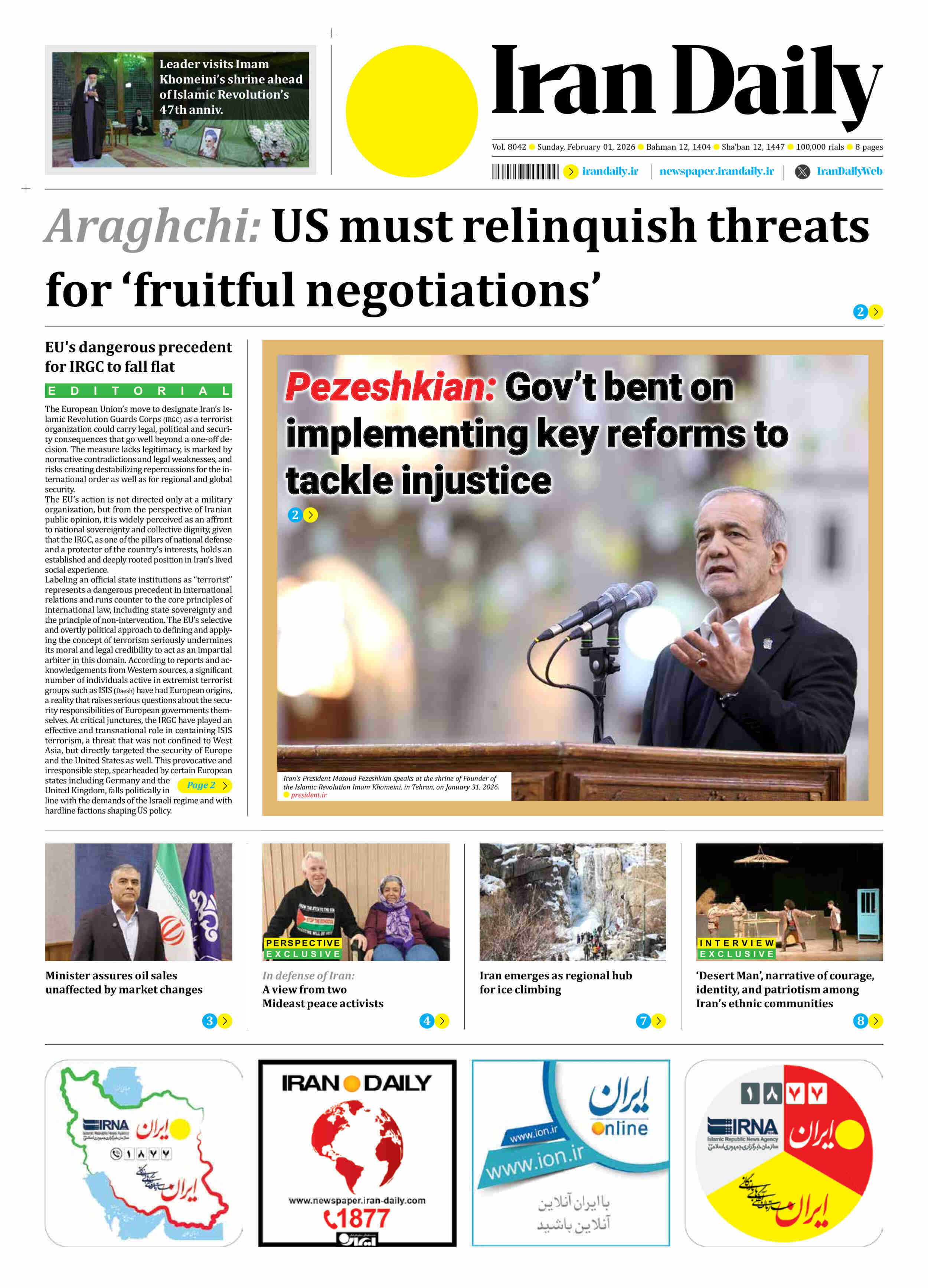 Front pages of Iran's English dailies on Feb. 1