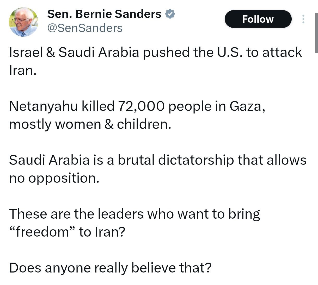 سناتور آمریکایی: اسرائیل و عربستان، آمریکا را به‌سمت حمله به ایران سوق دادند