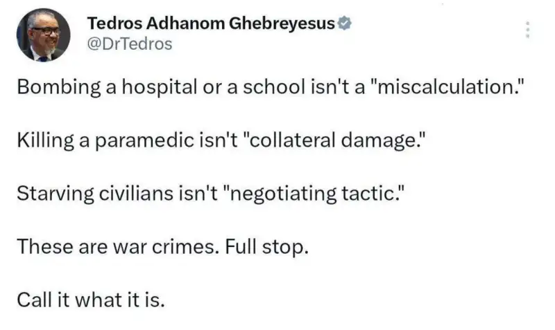 مدیرکل سازمان بهداشت جهانی:بمباران بیمارستان یا مدرسه، اشتباه محاسباتی نیست جنایت جنگی است
