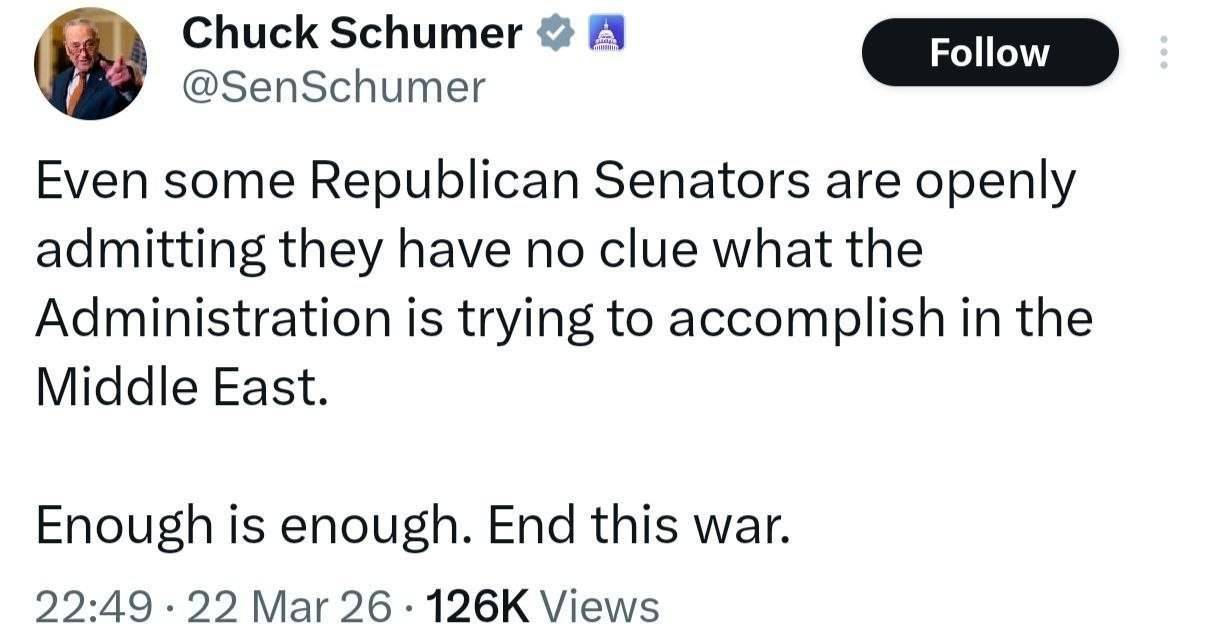 چاک شومر: دیگر بس است! جنگ با ایران را تمام کنید