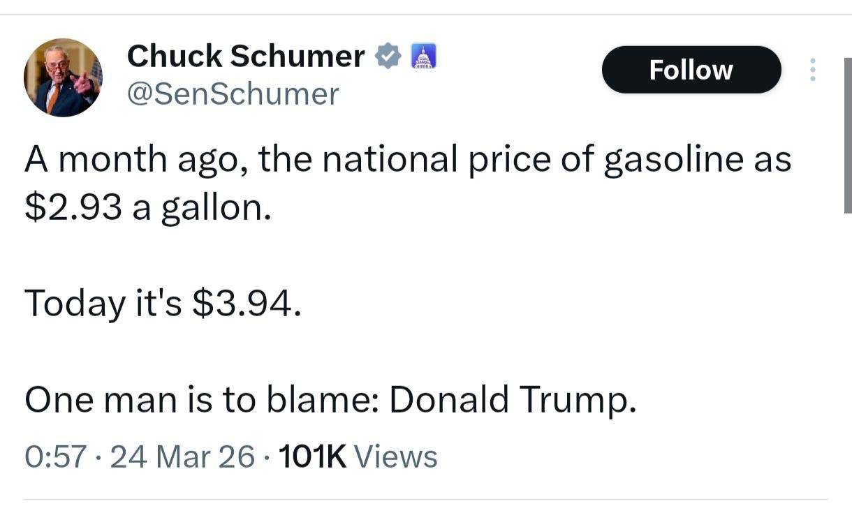 رهبر دموکرات‌های سنای آمریکا: ترامپ عامل گرانی بنزین در آمریکاست