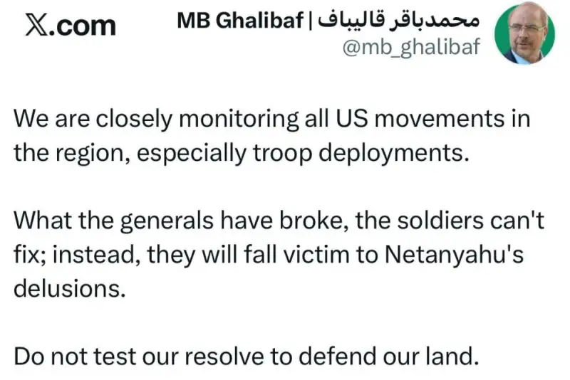 قالیباف: سربازان آمریکایی قربانی توهمات نتانیاهو خواهند شد