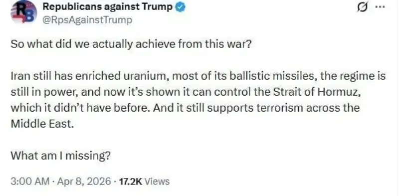 واکنش اکانت معروف جمهوری‌خواه به آتش بس ترامپ با ایران: از این جنگ چه چیزی به دست آوردیم؟