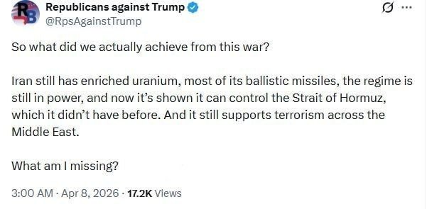 واکنش اکانت معروف جمهوری‌خواه به آتش بس ترامپ با ایران: از این جنگ چه چیزی به دست آوردیم؟