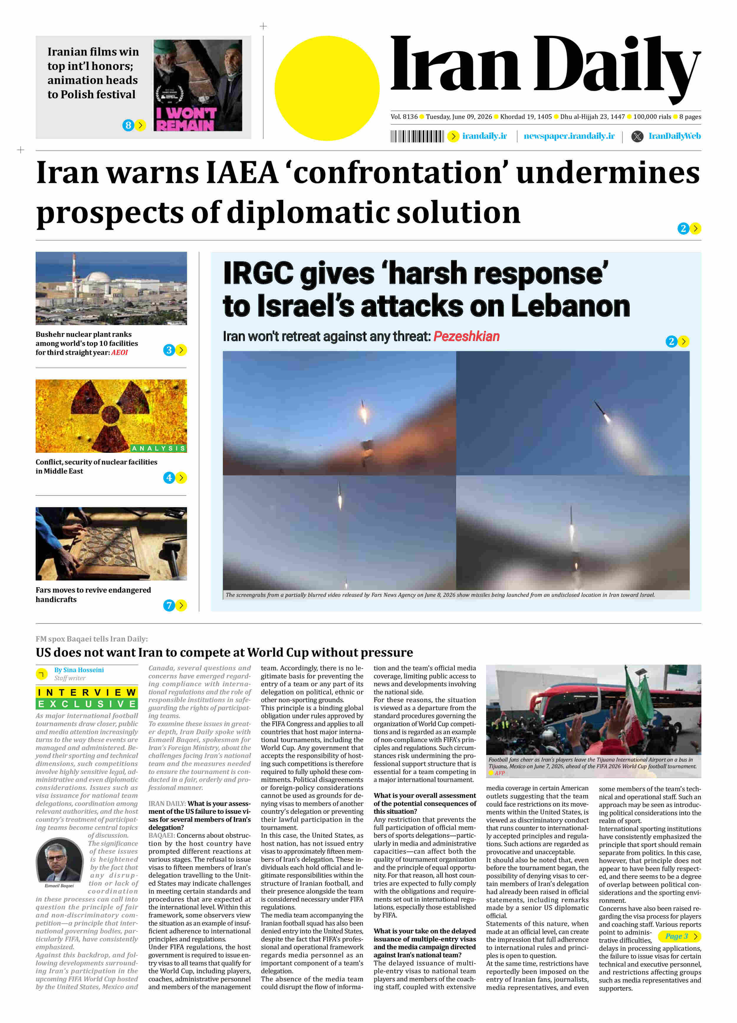 Front pages of Iran's English dailies on June 9