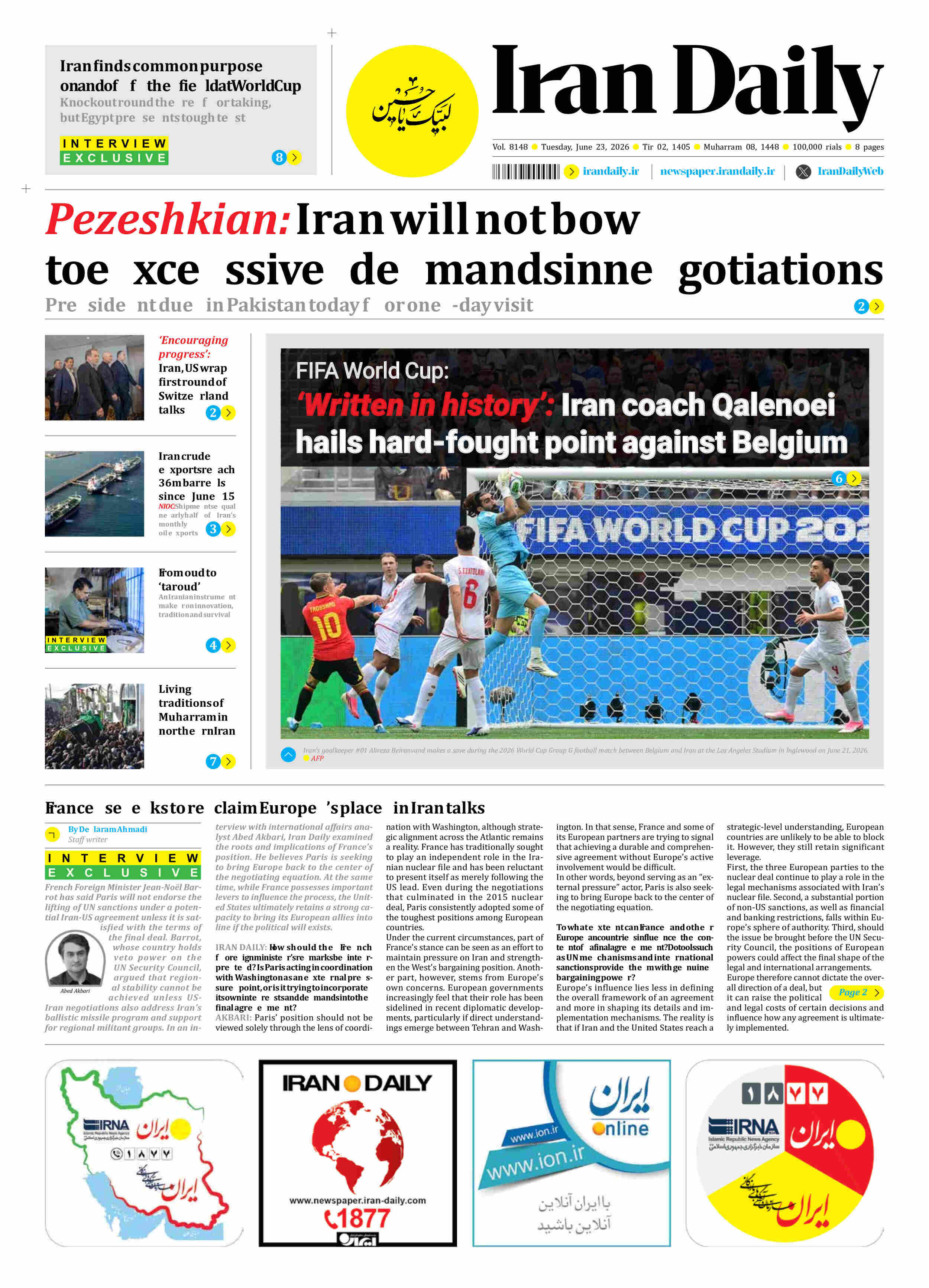 Front pages of Iran's English dailies on June 23