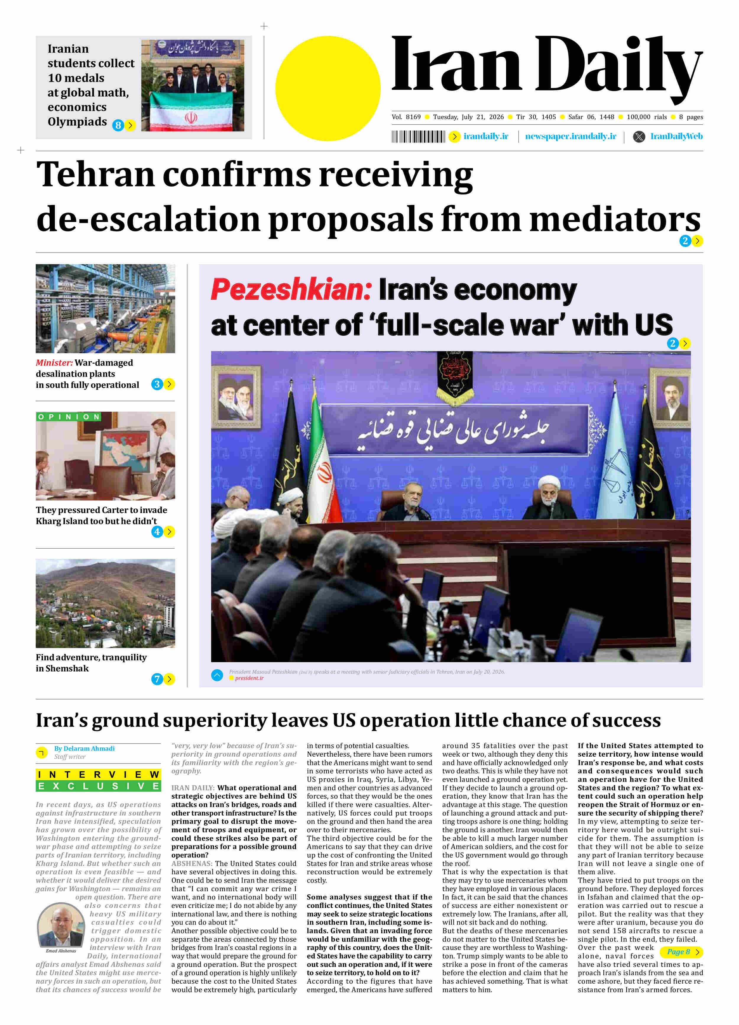 Front pages of Iran's English dailies on July 21