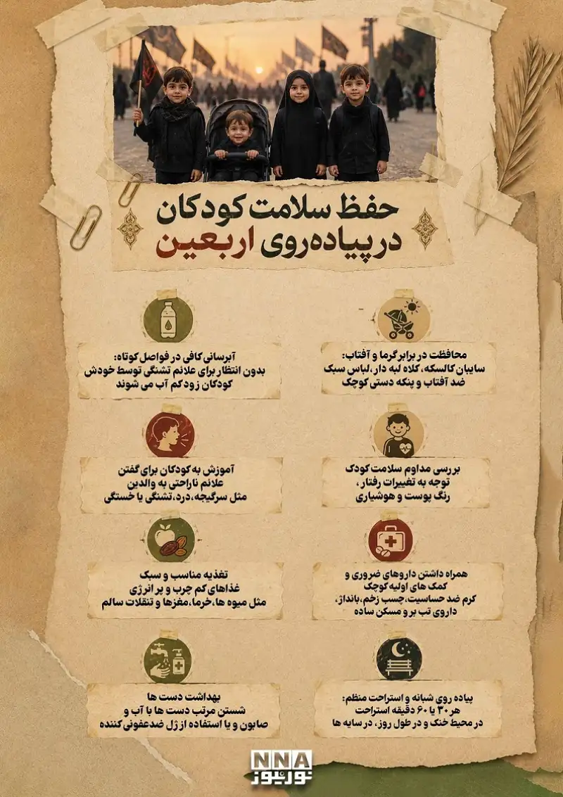 نوراینفو | کودکان در پیاده‌روی اربعین؛ 8 نکته بهداشتی و دارویی که هر والدینی باید بداند